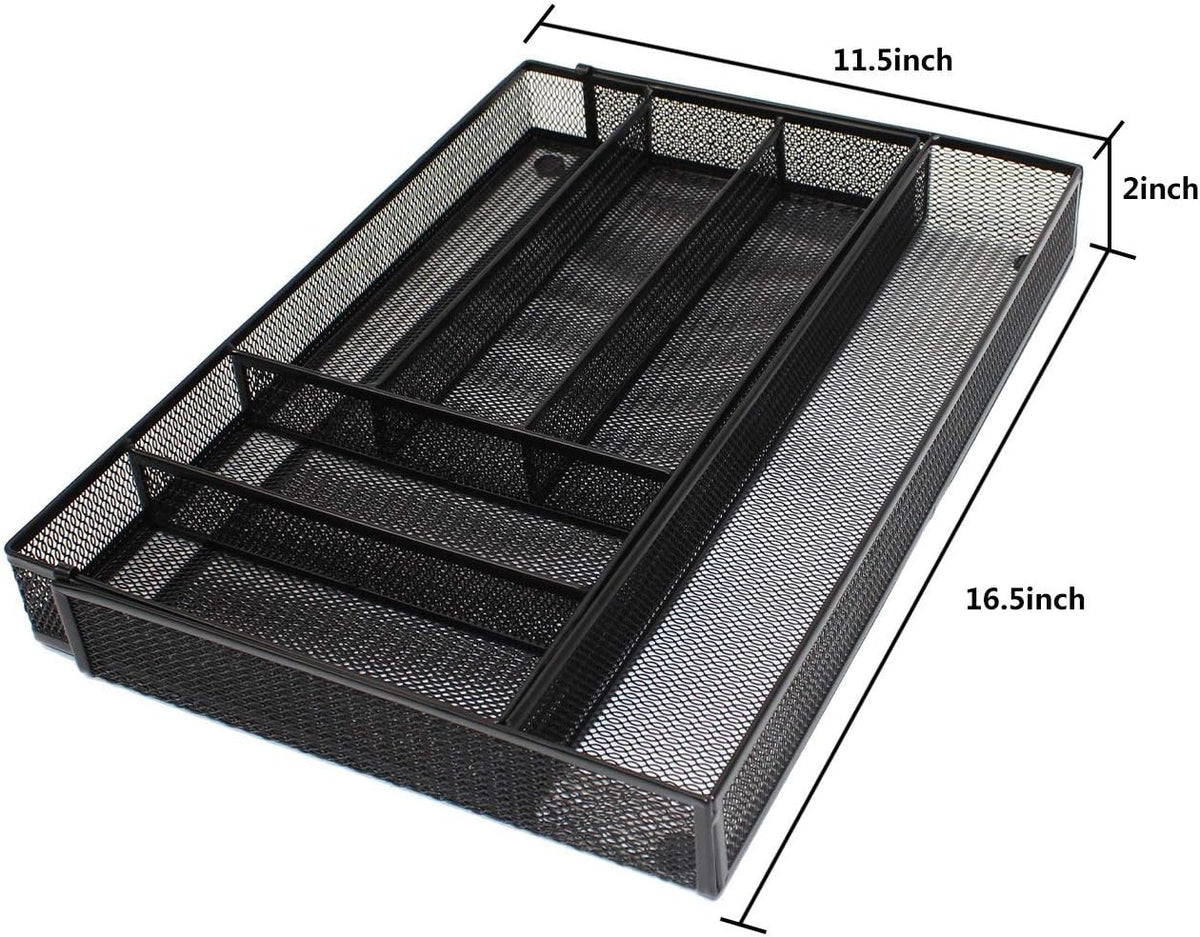 Utensil Drawer Organizer - Expandable Cutlery Tray, Silverware/Flatware Storage Divider for Kitchen, Mesh Designing with Non-slip Rubber Feet (Silver)