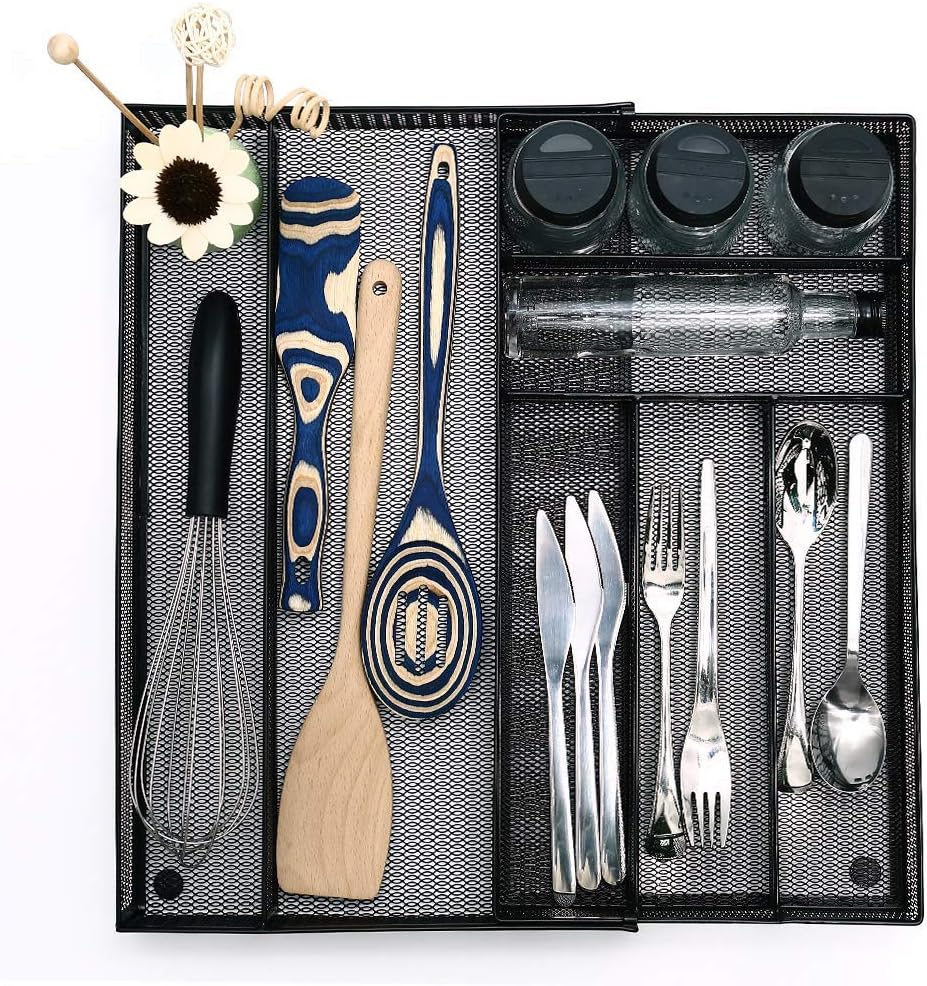 Utensil Drawer Organizer - Expandable Cutlery Tray, Silverware/Flatware Storage Divider for Kitchen, Mesh Designing with Non-slip Rubber Feet (Silver)