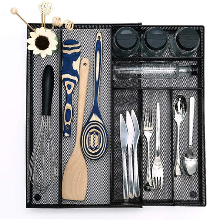 Utensil Drawer Organizer - Expandable Cutlery Tray, Silverware/Flatware Storage Divider for Kitchen, Mesh Designing with Non-slip Rubber Feet (Silver)