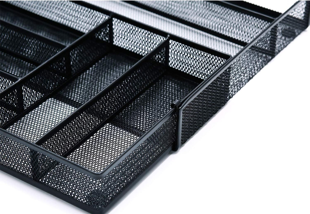 Utensil Drawer Organizer - Expandable Cutlery Tray, Silverware/Flatware Storage Divider for Kitchen, Mesh Designing with Non-slip Rubber Feet (Silver)