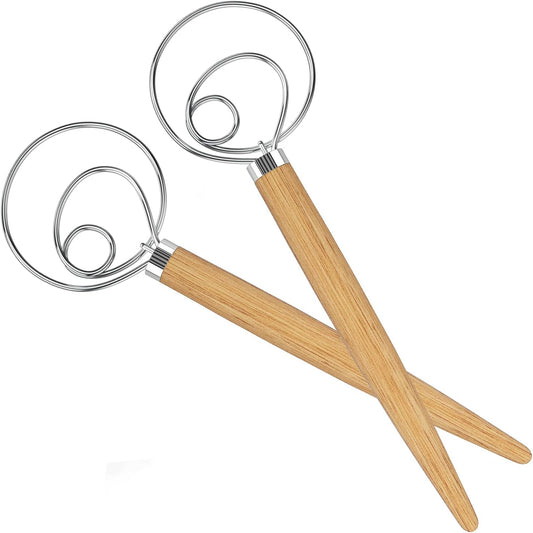 Acerich 2 Pack Danish Dough Whisk 13.5” Dough Whisk Stainless Steel Dutch Style Bread Whisk Wooden Handle Danish Whisk for Bread, Batter, Cake, Pastry