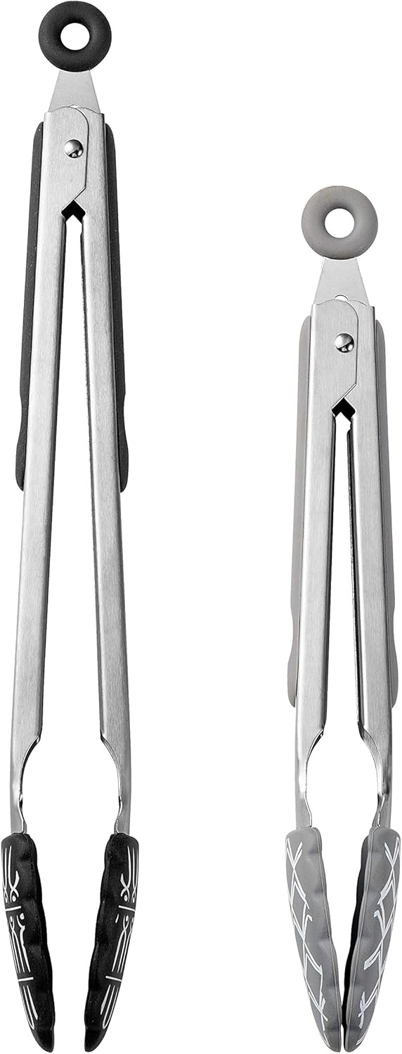 Stainless Steel Silicone Tipped Kitchen & BBQ Tongs Set, Utensils, Grey