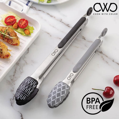 Stainless Steel Silicone Tipped Kitchen & BBQ Tongs Set, Utensils, Grey