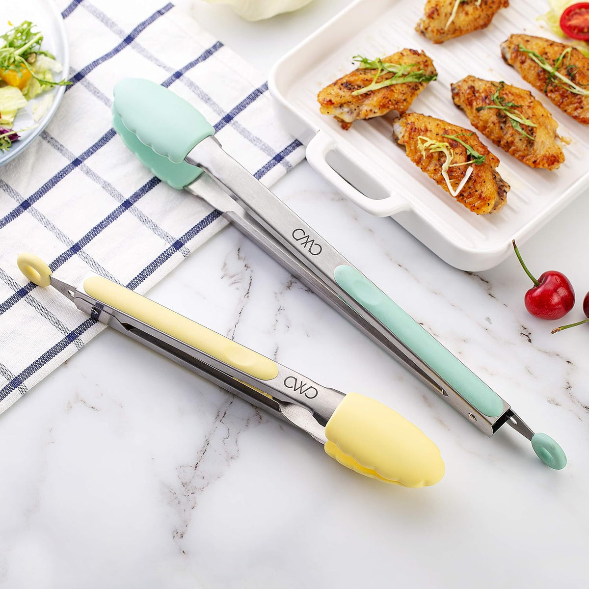 Stainless Steel Silicone Tipped Kitchen & BBQ Tongs Set, Utensils, Grey