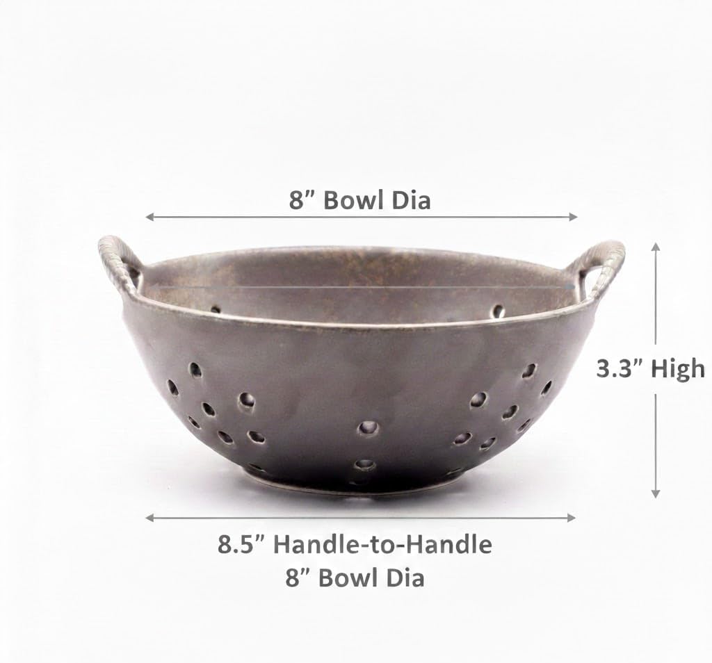 8" Ceramic Berry Colander with Handles, Reactive Glaze Fruit Washing Bowl, Rustic Stoneware Pasta Strainer for Kitchen (Charcoal Grey)