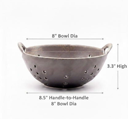 8" Ceramic Berry Colander with Handles, Reactive Glaze Fruit Washing Bowl, Rustic Stoneware Pasta Strainer for Kitchen (Charcoal Grey)