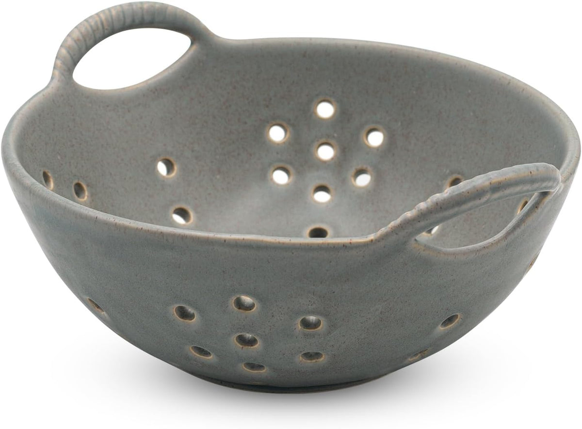 8" Ceramic Berry Colander with Handles, Reactive Glaze Fruit Washing Bowl, Rustic Stoneware Pasta Strainer for Kitchen (Charcoal Grey)