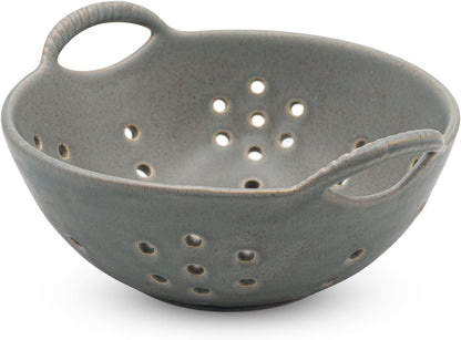 8" Ceramic Berry Colander with Handles, Reactive Glaze Fruit Washing Bowl, Rustic Stoneware Pasta Strainer for Kitchen (Charcoal Grey)