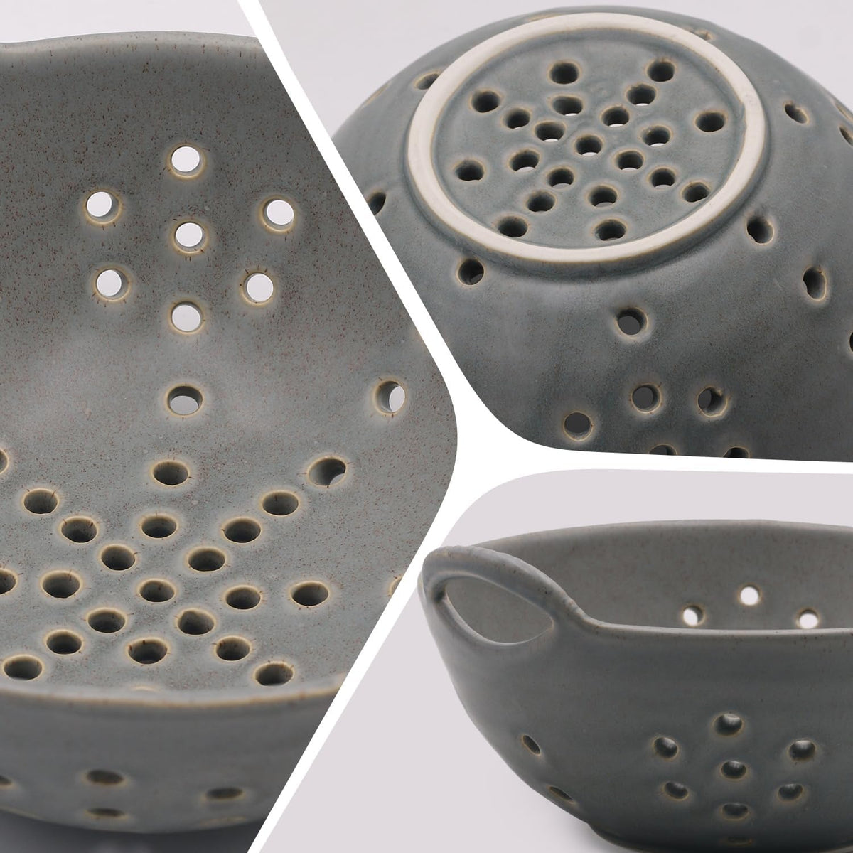 8" Ceramic Berry Colander with Handles, Reactive Glaze Fruit Washing Bowl, Rustic Stoneware Pasta Strainer for Kitchen (Charcoal Grey)