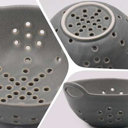 8" Ceramic Berry Colander with Handles, Reactive Glaze Fruit Washing Bowl, Rustic Stoneware Pasta Strainer for Kitchen (Charcoal Grey)
