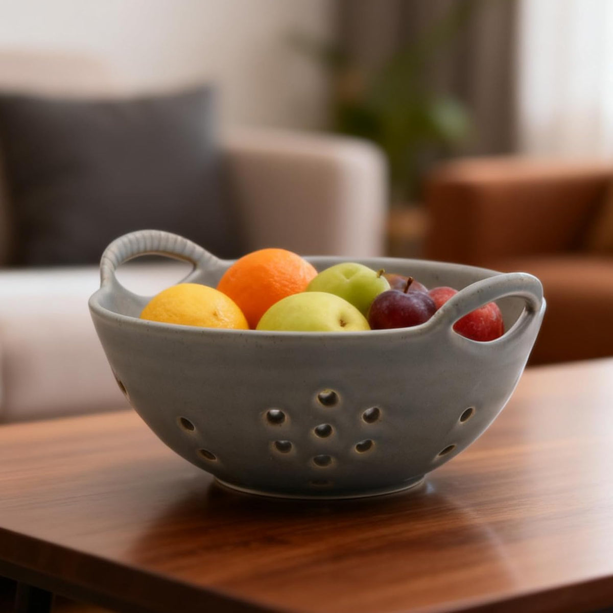 8" Ceramic Berry Colander with Handles, Reactive Glaze Fruit Washing Bowl, Rustic Stoneware Pasta Strainer for Kitchen (Charcoal Grey)