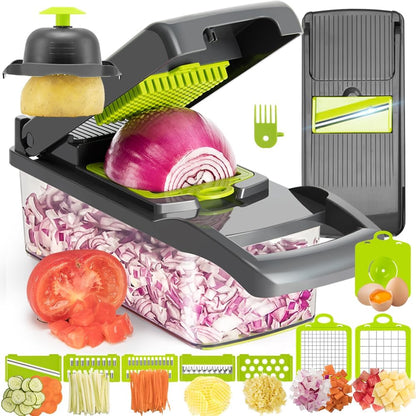 Vegetable Chopper Mandoline Slicer Grey - 12 in 1 Interchangeable Blades Food Chopper with Container, Hand Guard & Drainer, Veggie Dicer Kitchen Gadget for Onion, Cucumber, Tomato, Fruit