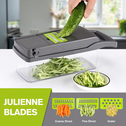 Vegetable Chopper Mandoline Slicer Grey - 12 in 1 Interchangeable Blades Food Chopper with Container, Hand Guard & Drainer, Veggie Dicer Kitchen Gadget for Onion, Cucumber, Tomato, Fruit