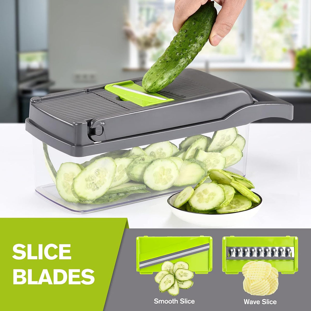 Vegetable Chopper Mandoline Slicer Grey - 12 in 1 Interchangeable Blades Food Chopper with Container, Hand Guard & Drainer, Veggie Dicer Kitchen Gadget for Onion, Cucumber, Tomato, Fruit