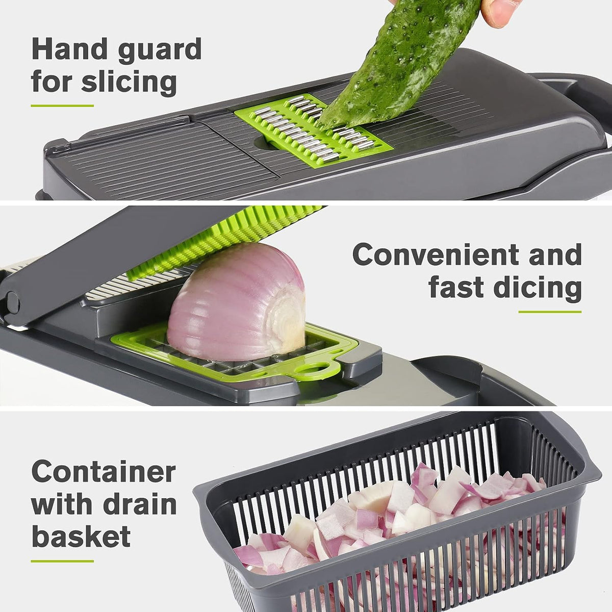 Vegetable Chopper Mandoline Slicer Grey - 12 in 1 Interchangeable Blades Food Chopper with Container, Hand Guard & Drainer, Veggie Dicer Kitchen Gadget for Onion, Cucumber, Tomato, Fruit