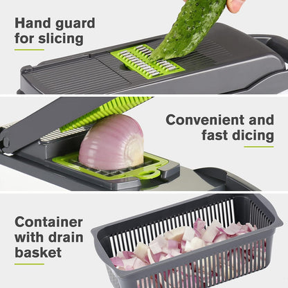 Vegetable Chopper Mandoline Slicer Grey - 12 in 1 Interchangeable Blades Food Chopper with Container, Hand Guard & Drainer, Veggie Dicer Kitchen Gadget for Onion, Cucumber, Tomato, Fruit