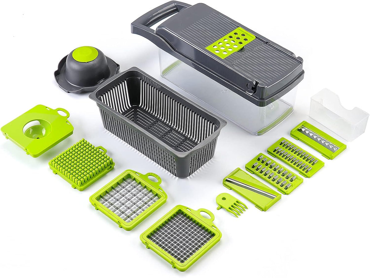 Vegetable Chopper Mandoline Slicer Grey - 12 in 1 Interchangeable Blades Food Chopper with Container, Hand Guard & Drainer, Veggie Dicer Kitchen Gadget for Onion, Cucumber, Tomato, Fruit