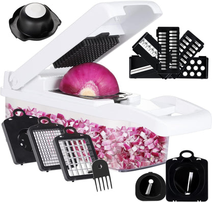 Vegetable Chopper Mandoline Slicer Grey - 12 in 1 Interchangeable Blades Food Chopper with Container, Hand Guard & Drainer, Veggie Dicer Kitchen Gadget for Onion, Cucumber, Tomato, Fruit