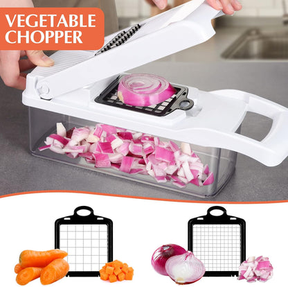 Vegetable Chopper Mandoline Slicer Grey - 12 in 1 Interchangeable Blades Food Chopper with Container, Hand Guard & Drainer, Veggie Dicer Kitchen Gadget for Onion, Cucumber, Tomato, Fruit