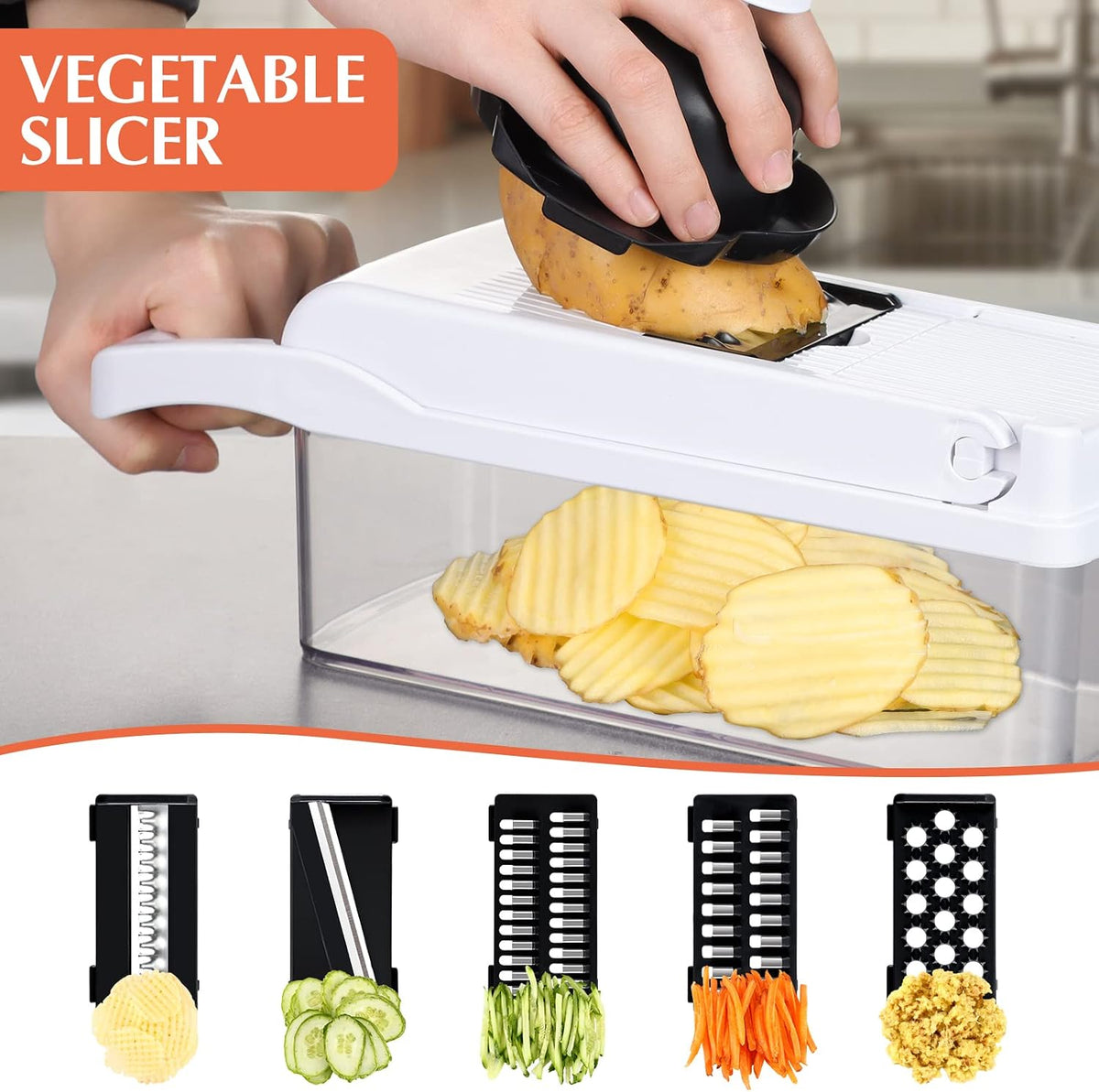 Vegetable Chopper Mandoline Slicer Grey - 12 in 1 Interchangeable Blades Food Chopper with Container, Hand Guard & Drainer, Veggie Dicer Kitchen Gadget for Onion, Cucumber, Tomato, Fruit