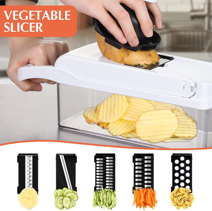 Vegetable Chopper Mandoline Slicer Grey - 12 in 1 Interchangeable Blades Food Chopper with Container, Hand Guard & Drainer, Veggie Dicer Kitchen Gadget for Onion, Cucumber, Tomato, Fruit