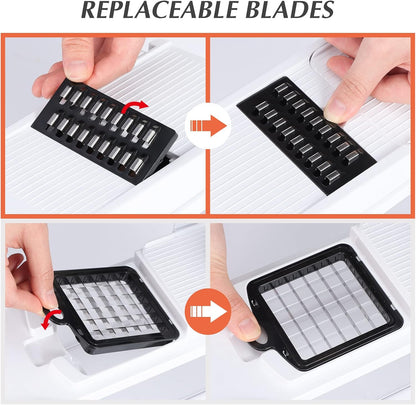 Vegetable Chopper Mandoline Slicer Grey - 12 in 1 Interchangeable Blades Food Chopper with Container, Hand Guard & Drainer, Veggie Dicer Kitchen Gadget for Onion, Cucumber, Tomato, Fruit