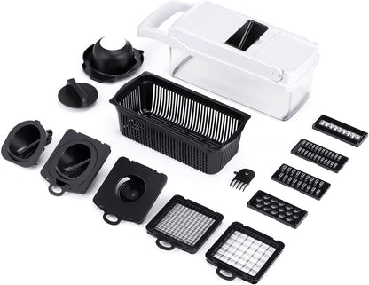 Vegetable Chopper Mandoline Slicer Grey - 12 in 1 Interchangeable Blades Food Chopper with Container, Hand Guard & Drainer, Veggie Dicer Kitchen Gadget for Onion, Cucumber, Tomato, Fruit