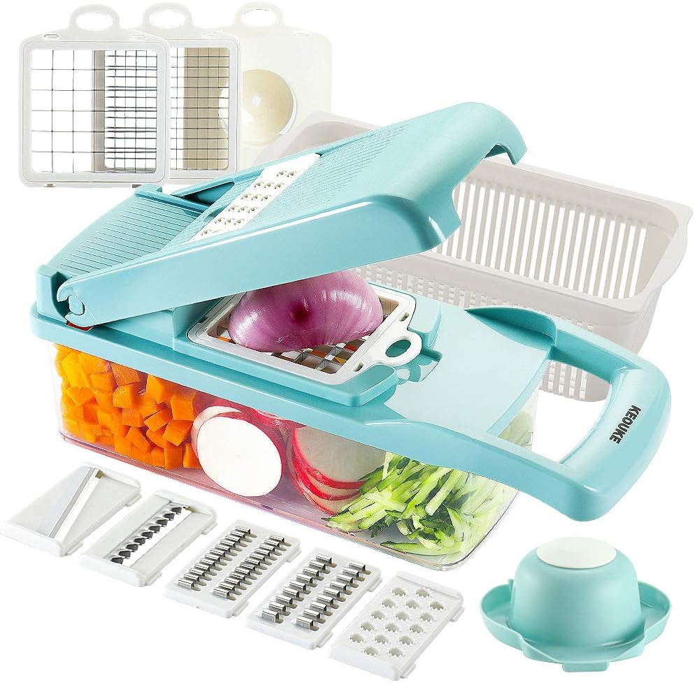 Vegetable Chopper Mandoline Slicer Grey - 12 in 1 Interchangeable Blades Food Chopper with Container, Hand Guard & Drainer, Veggie Dicer Kitchen Gadget for Onion, Cucumber, Tomato, Fruit