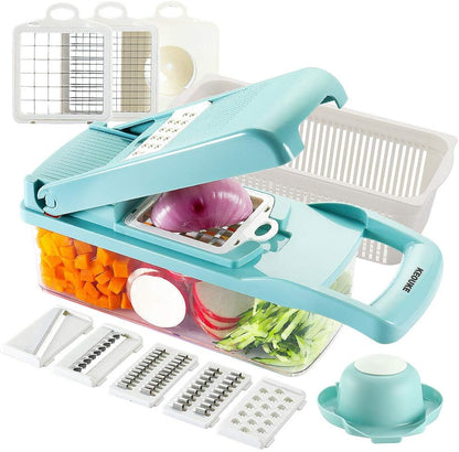 Vegetable Chopper Mandoline Slicer Grey - 12 in 1 Interchangeable Blades Food Chopper with Container, Hand Guard & Drainer, Veggie Dicer Kitchen Gadget for Onion, Cucumber, Tomato, Fruit