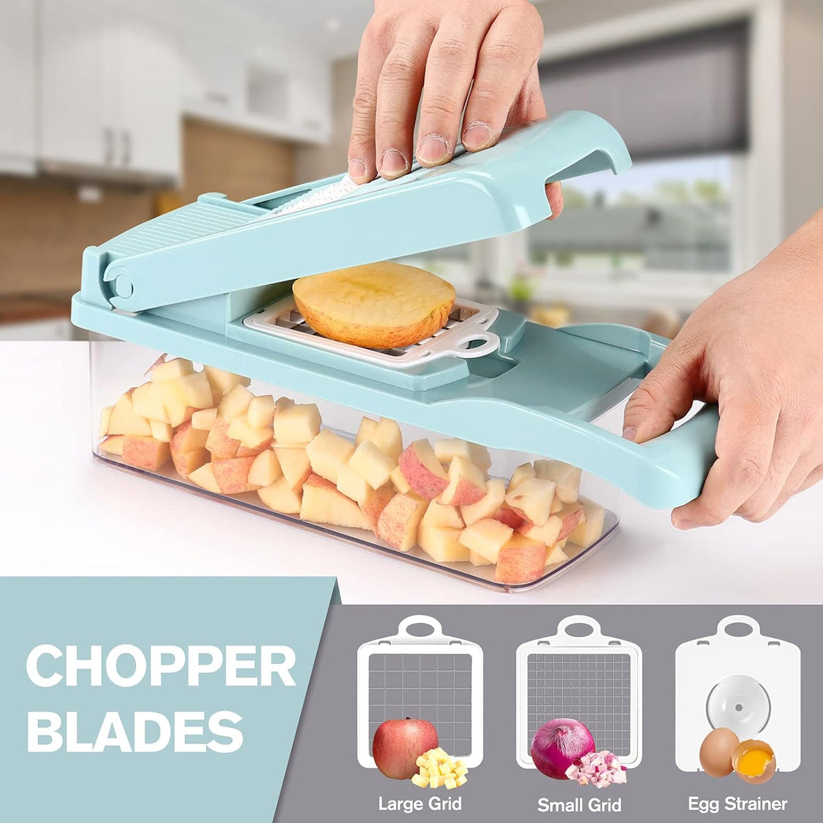 Vegetable Chopper Mandoline Slicer Grey - 12 in 1 Interchangeable Blades Food Chopper with Container, Hand Guard & Drainer, Veggie Dicer Kitchen Gadget for Onion, Cucumber, Tomato, Fruit