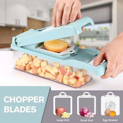 Vegetable Chopper Mandoline Slicer Grey - 12 in 1 Interchangeable Blades Food Chopper with Container, Hand Guard & Drainer, Veggie Dicer Kitchen Gadget for Onion, Cucumber, Tomato, Fruit