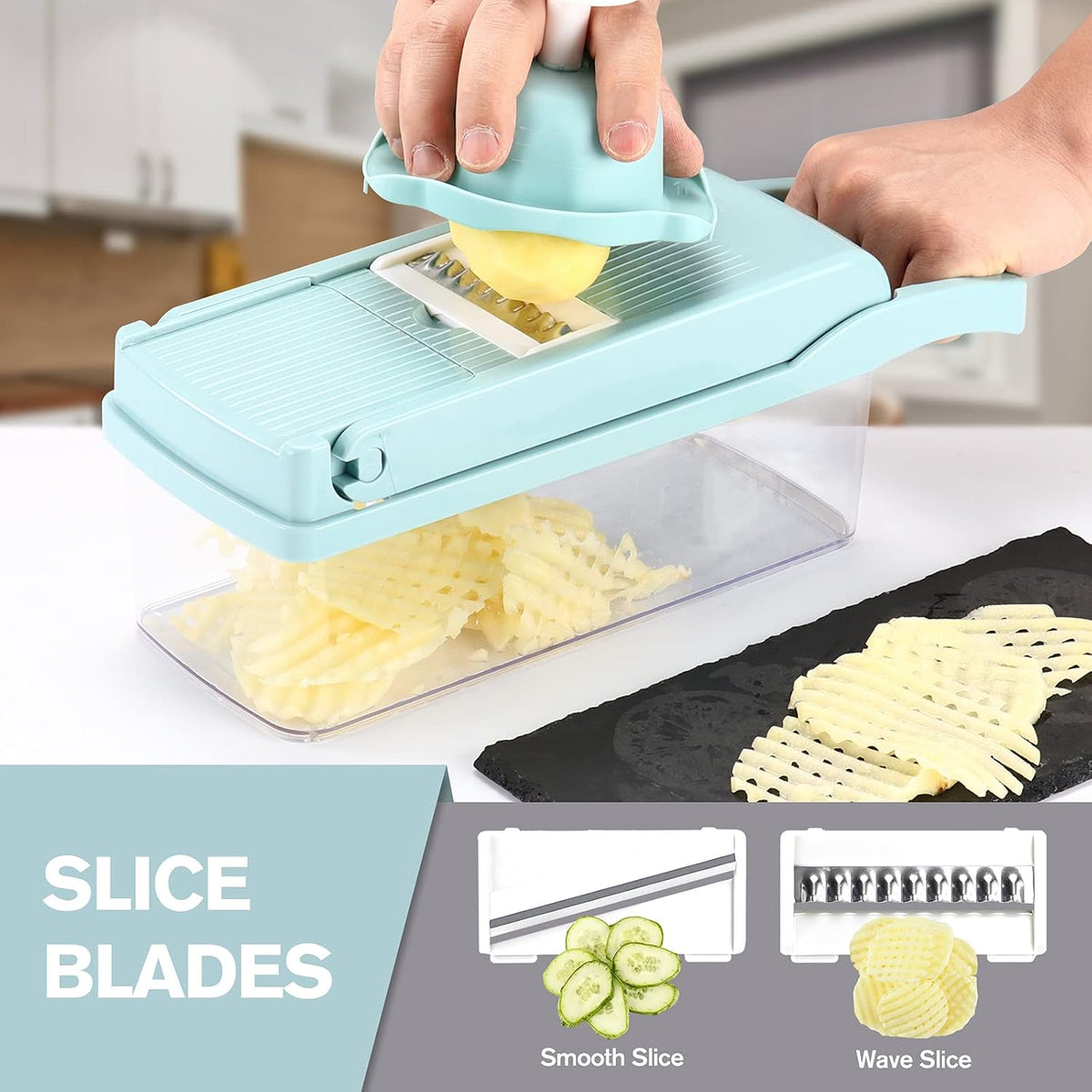 Vegetable Chopper Mandoline Slicer Grey - 12 in 1 Interchangeable Blades Food Chopper with Container, Hand Guard & Drainer, Veggie Dicer Kitchen Gadget for Onion, Cucumber, Tomato, Fruit