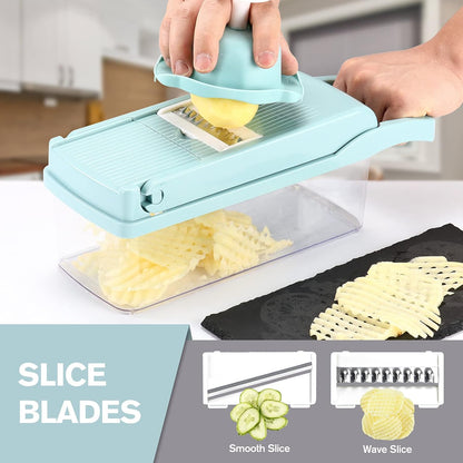 Vegetable Chopper Mandoline Slicer Grey - 12 in 1 Interchangeable Blades Food Chopper with Container, Hand Guard & Drainer, Veggie Dicer Kitchen Gadget for Onion, Cucumber, Tomato, Fruit