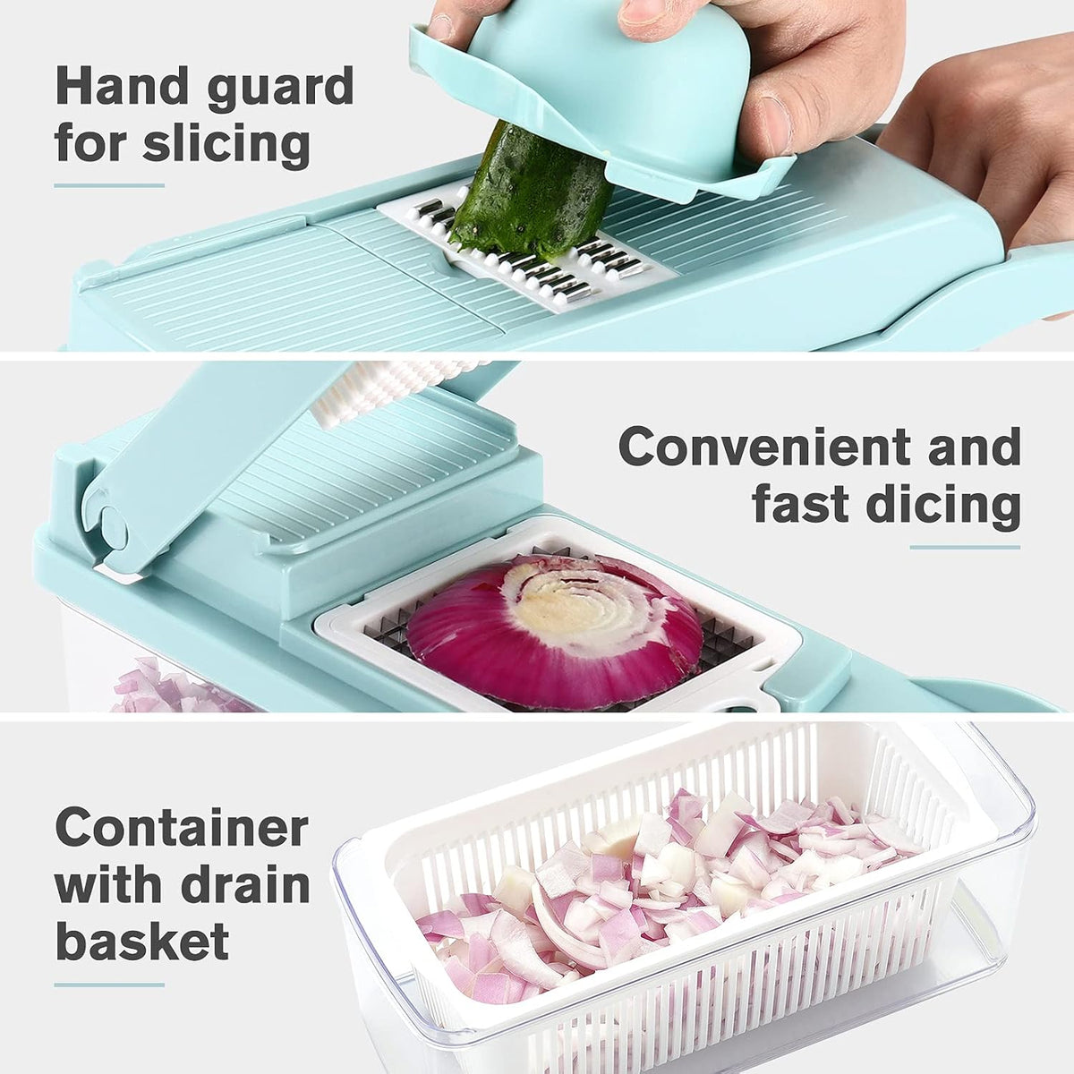 Vegetable Chopper Mandoline Slicer Grey - 12 in 1 Interchangeable Blades Food Chopper with Container, Hand Guard & Drainer, Veggie Dicer Kitchen Gadget for Onion, Cucumber, Tomato, Fruit