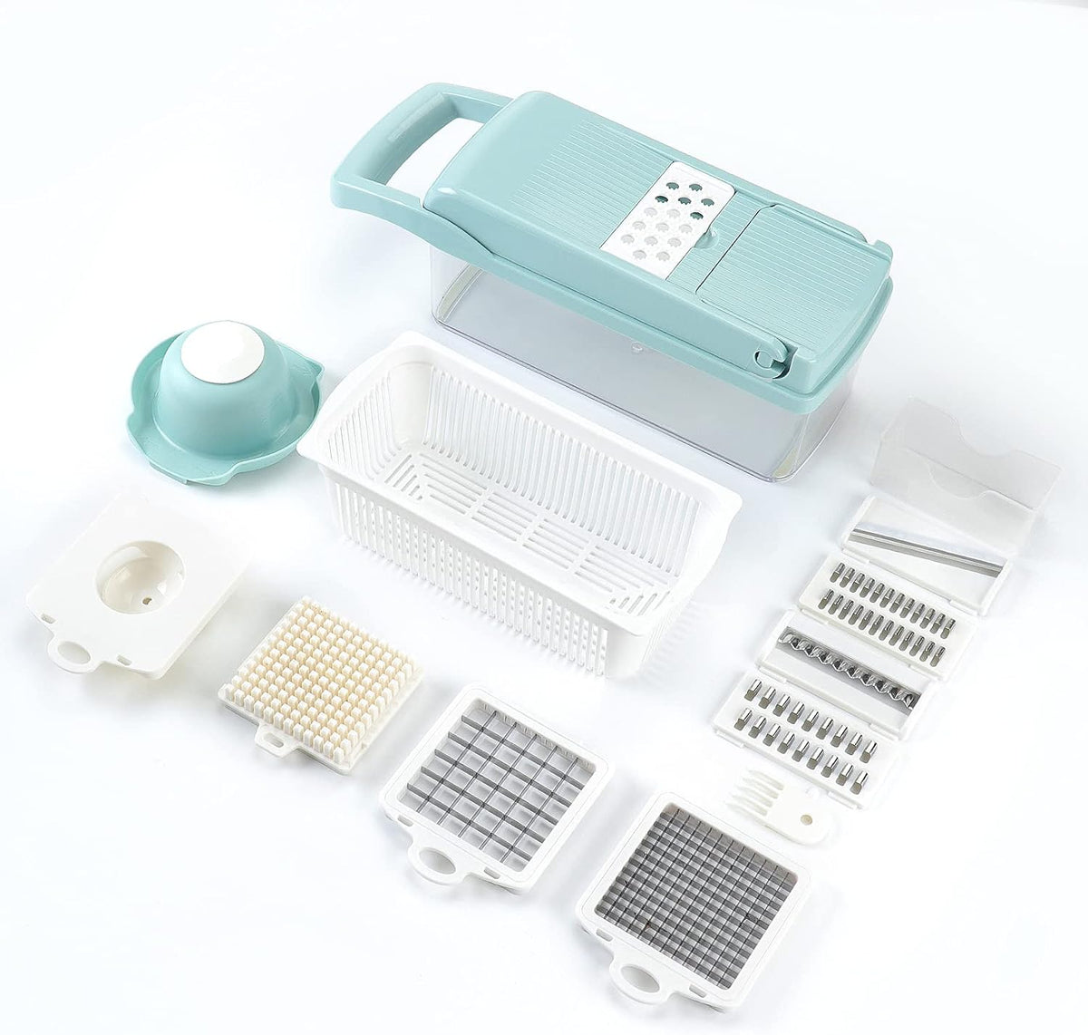 Vegetable Chopper Mandoline Slicer Grey - 12 in 1 Interchangeable Blades Food Chopper with Container, Hand Guard & Drainer, Veggie Dicer Kitchen Gadget for Onion, Cucumber, Tomato, Fruit
