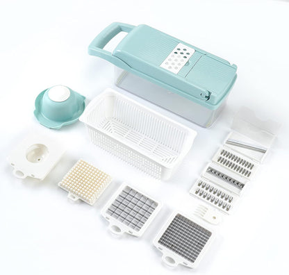 Vegetable Chopper Mandoline Slicer Grey - 12 in 1 Interchangeable Blades Food Chopper with Container, Hand Guard & Drainer, Veggie Dicer Kitchen Gadget for Onion, Cucumber, Tomato, Fruit