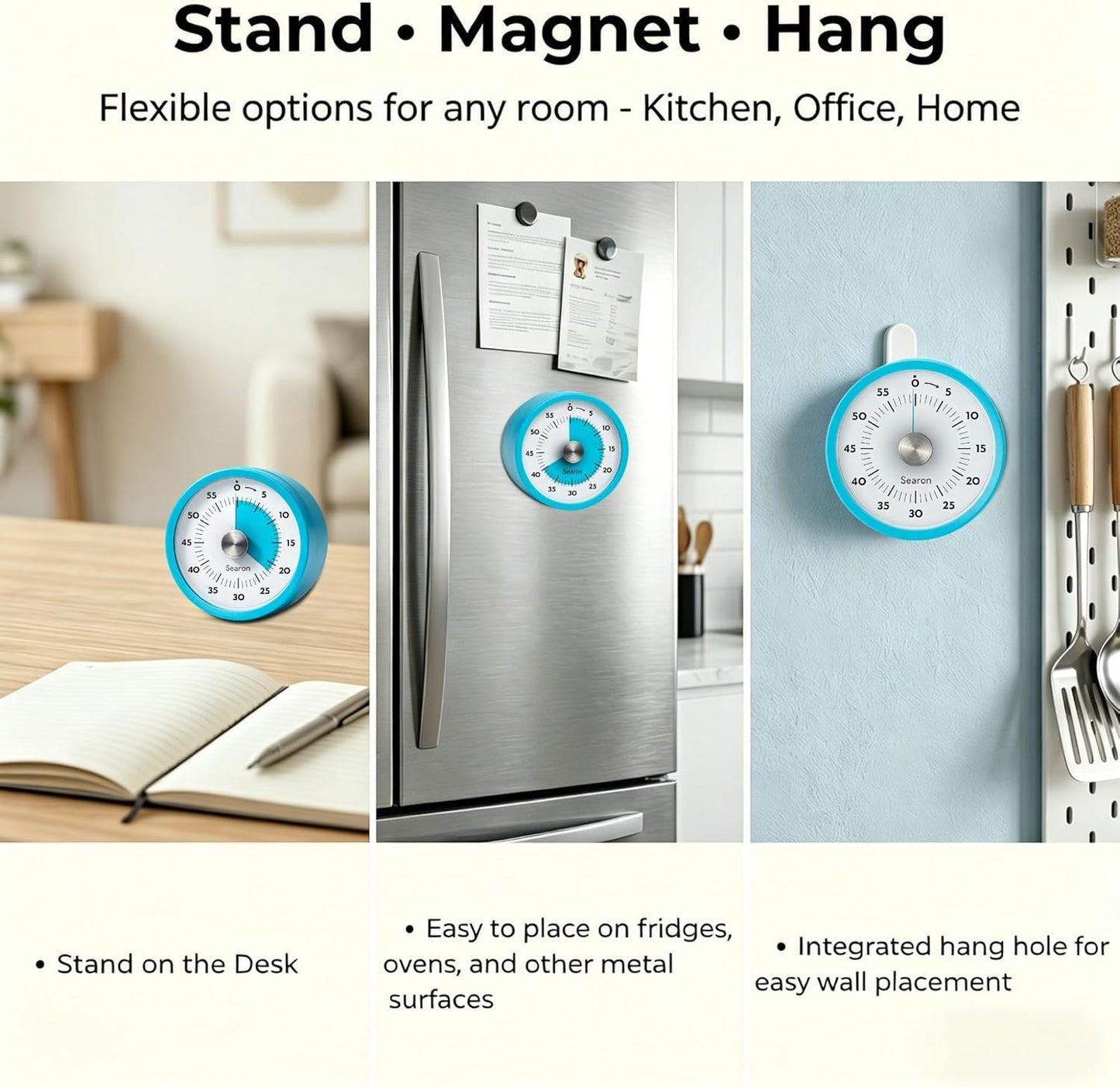 Magnetic Visual Kitchen Timer, 60 Minute Countdown Timer with LED Alert, Turn the Dial to Start, No Winding Needed for Cooking, Baking, Meal Prep & Daily Kitchen Tasks (Blue)