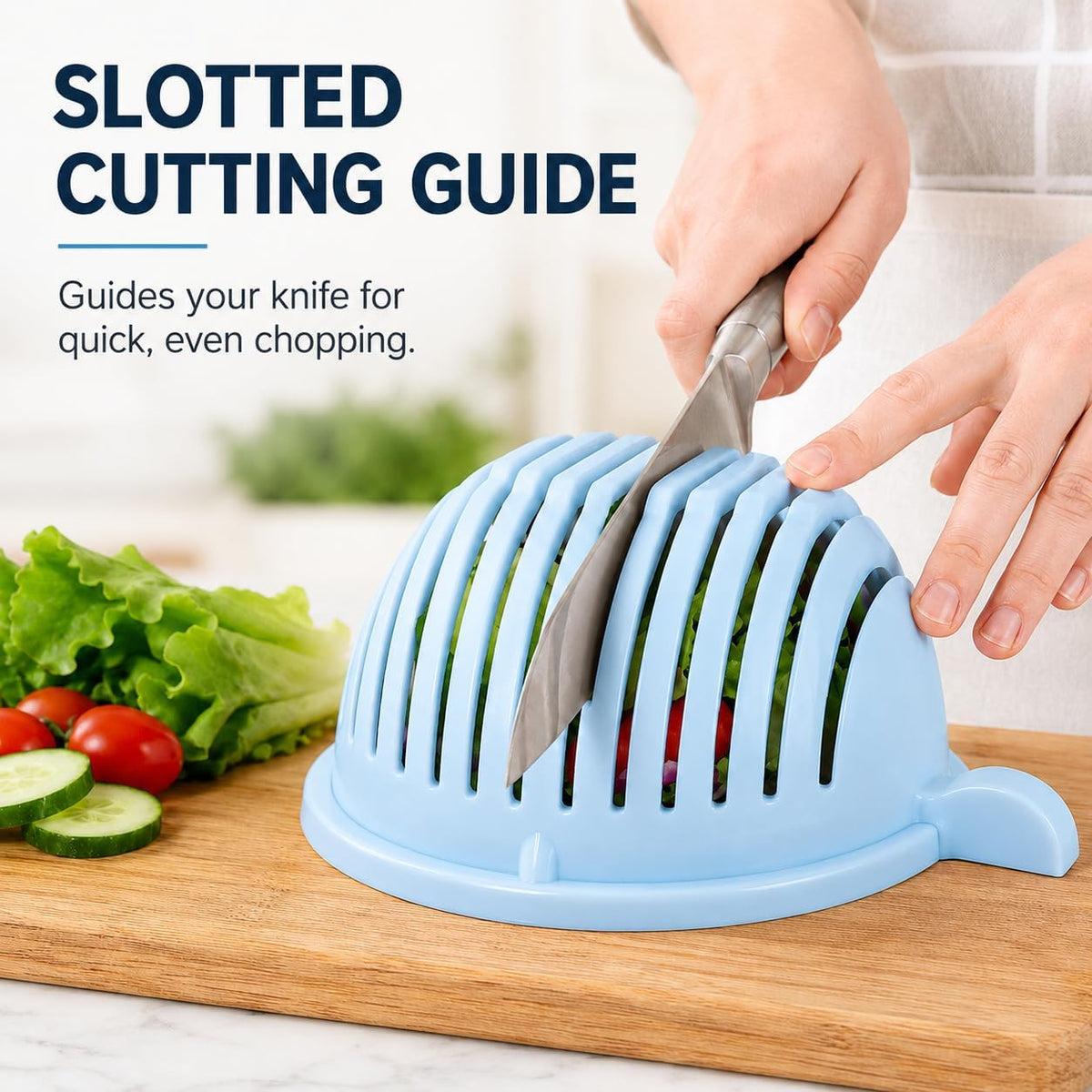 Salad Chopper Bowl with Slits, Fruit Vegetable Cutter, Blue
