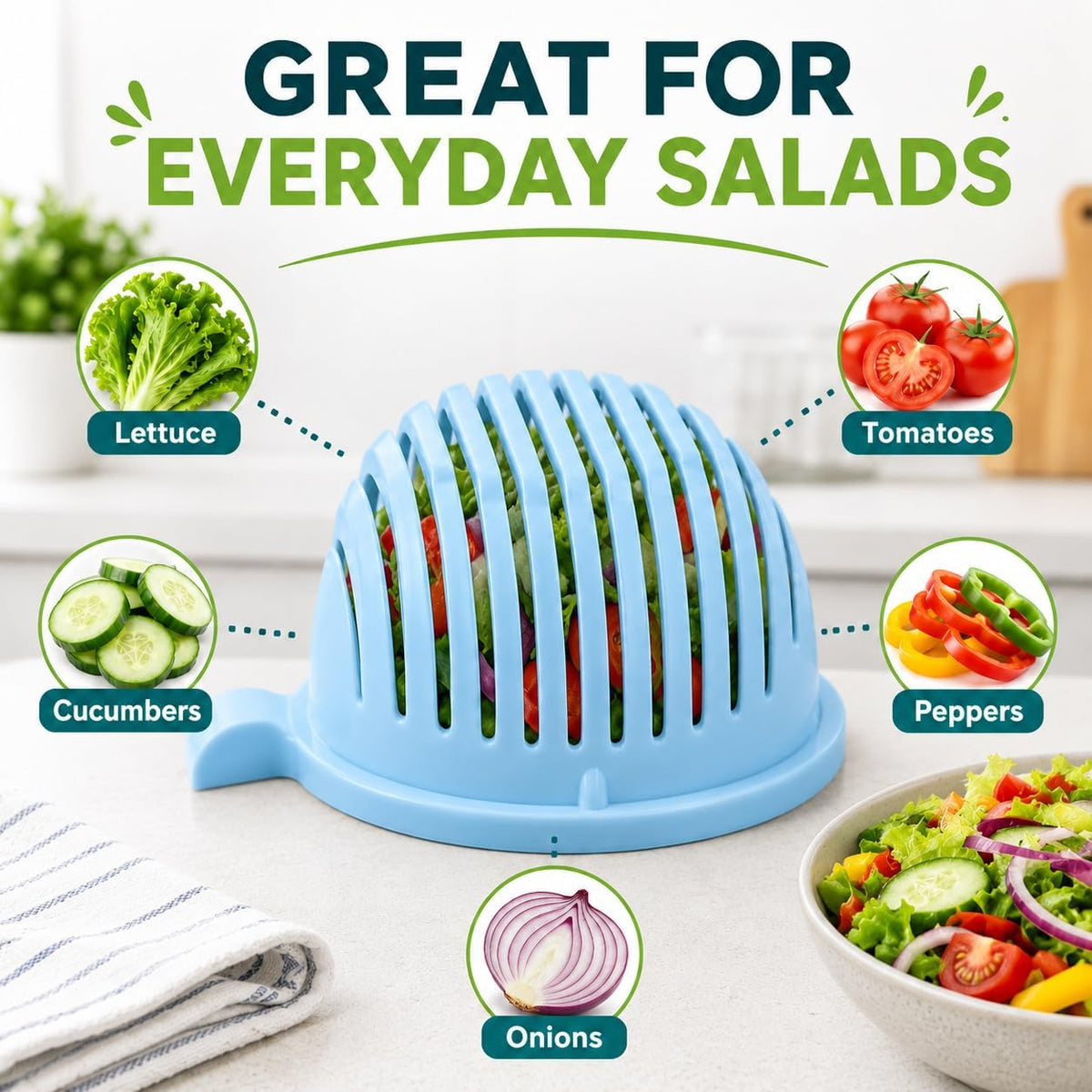 Salad Chopper Bowl with Slits, Fruit Vegetable Cutter, Blue