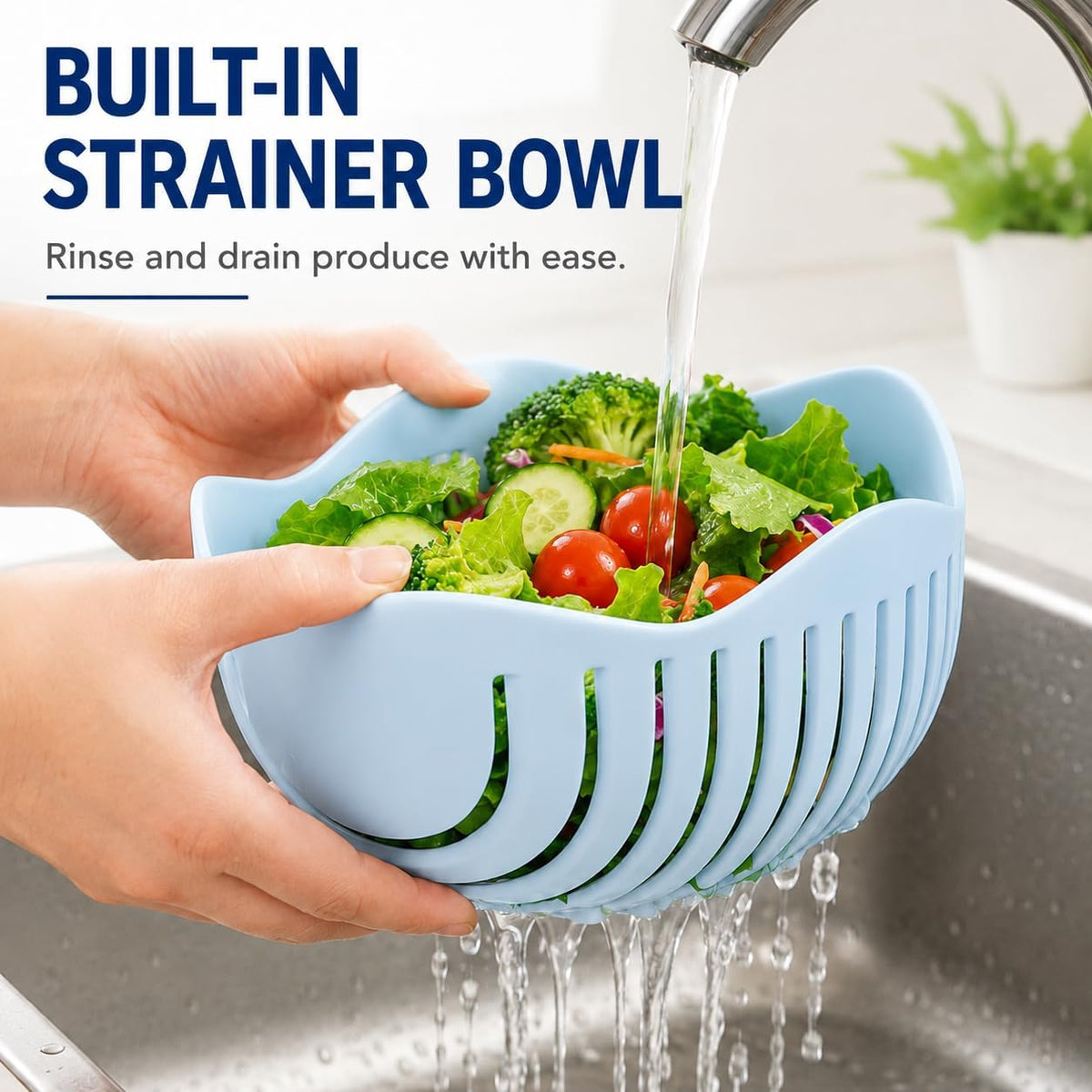 Salad Chopper Bowl with Slits, Fruit Vegetable Cutter, Blue
