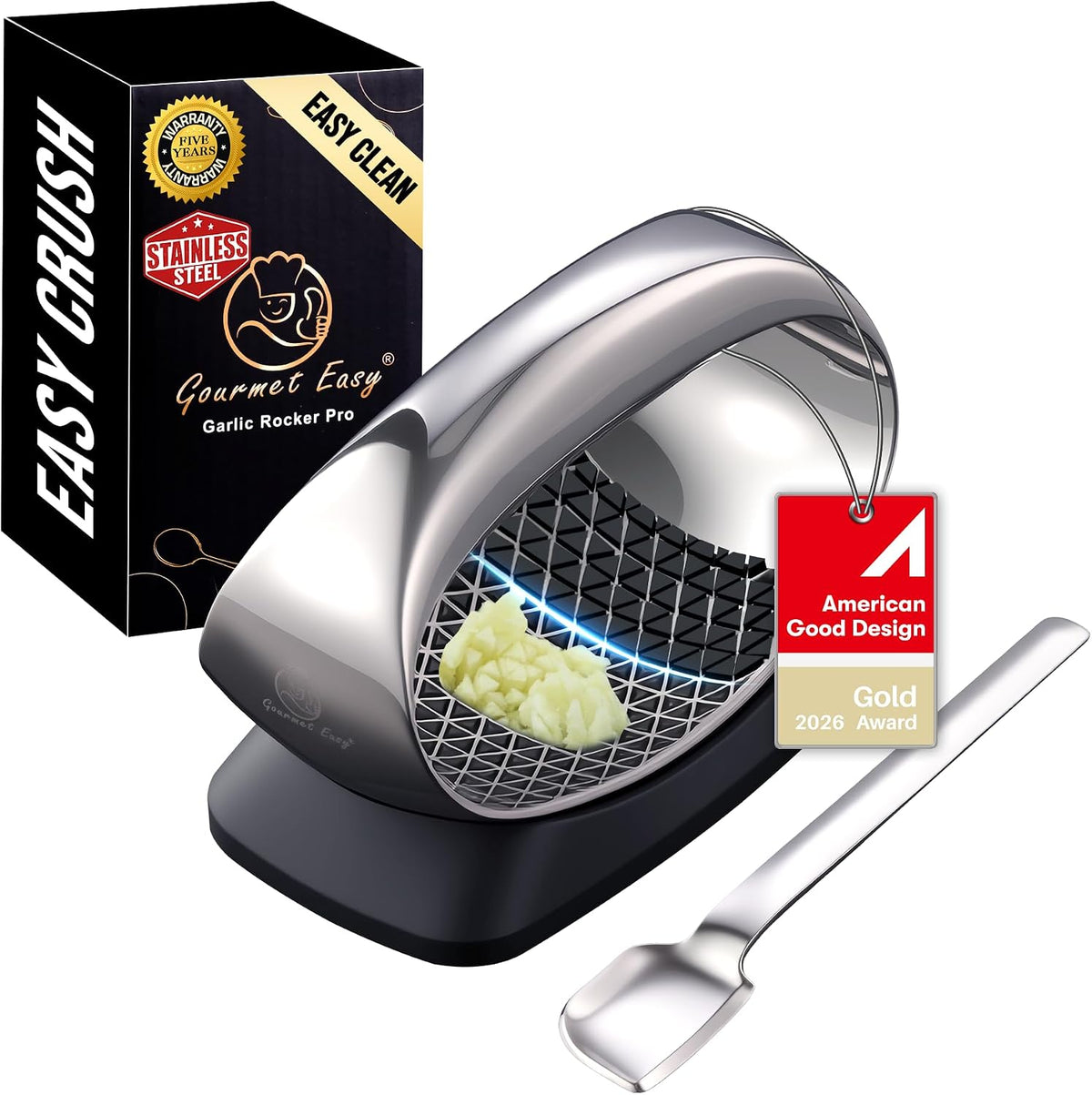 Stainless Steel Garlic Press Rocker with Eject Base & Scraper