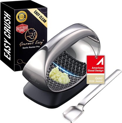 Stainless Steel Garlic Press Rocker with Eject Base & Scraper