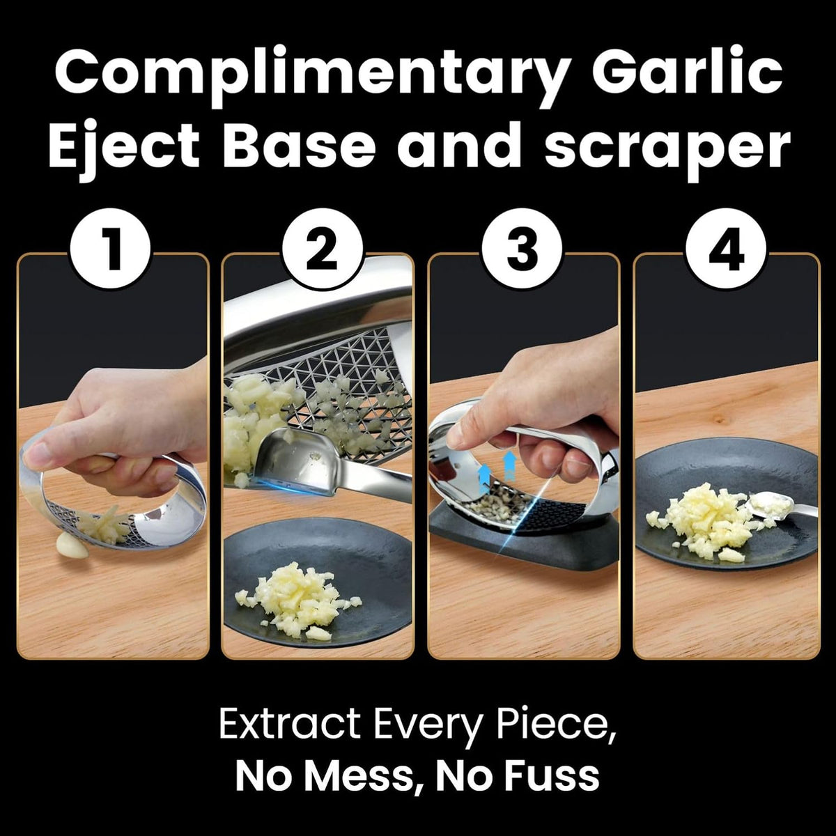 Stainless Steel Garlic Press Rocker with Eject Base & Scraper