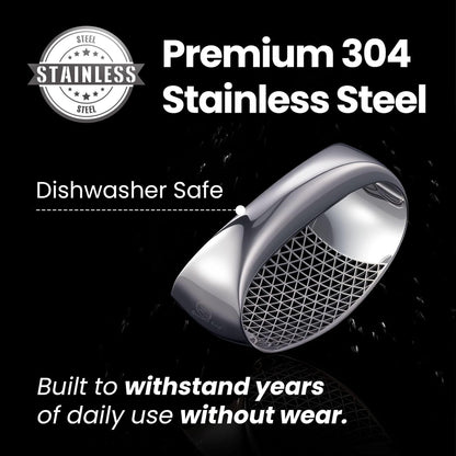 Stainless Steel Garlic Press Rocker with Eject Base & Scraper