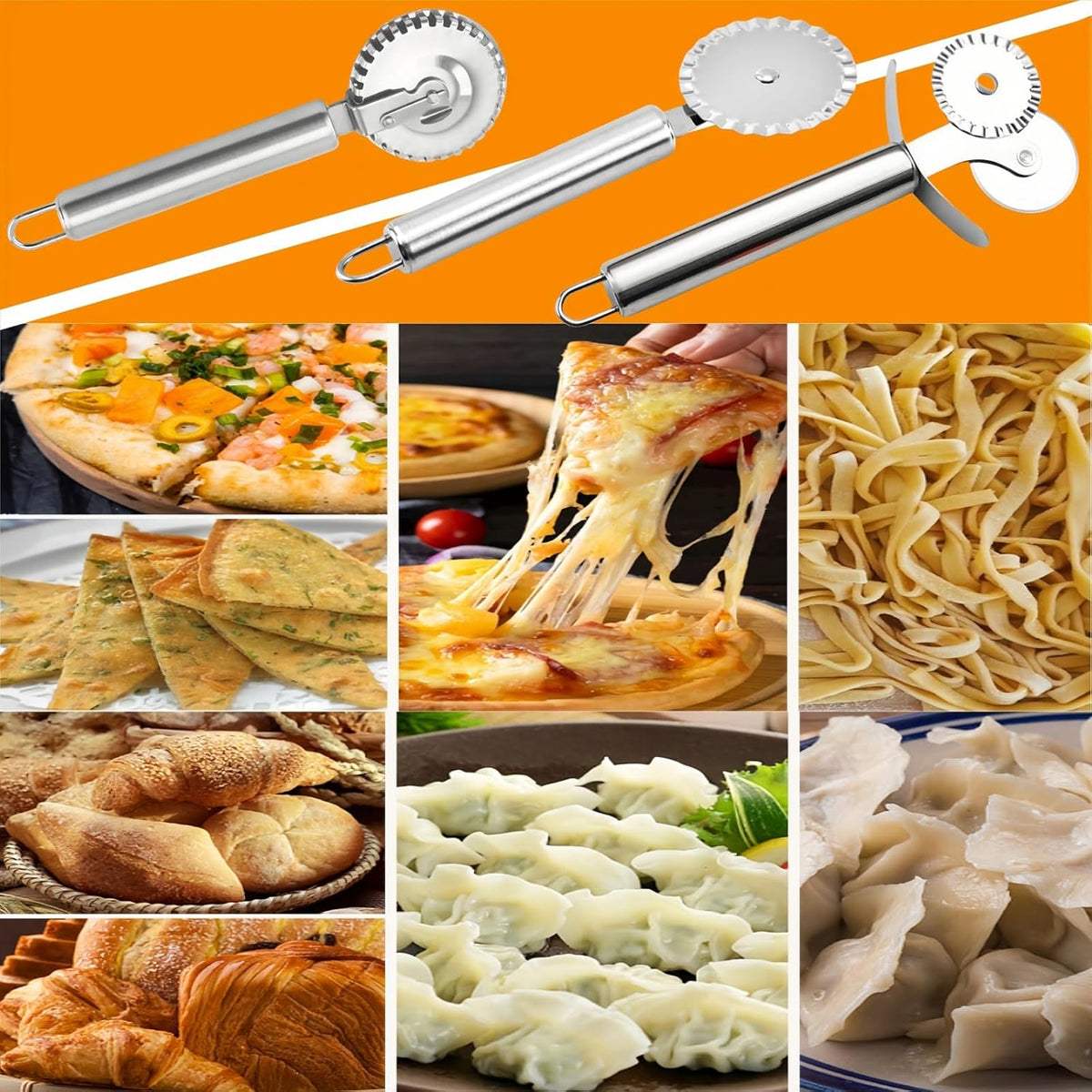 3 PCS Stainless Steel Pastry Wheel Cutter,Ravioli Cutter, Pizza Cutter Wheel, Fluted Pasta Crimping Wheel Dough Crimper Pie Crust Cutter,Ergonomic handle, Easy to use and clean