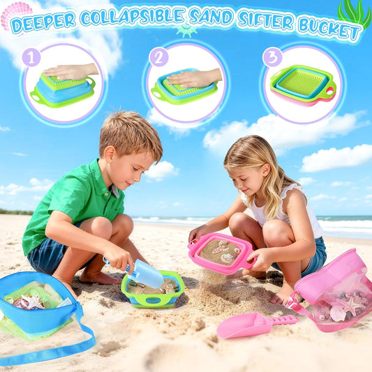 Beachcombing Kit, 2 Collapsible Sand Sifters for Kids Ages 3-12 | 2 Beach Shovel, 2 Mesh Beach Bags, Shark Tooth Sifter and Shell Collecting for Sandbox, Backyard, Summer Trip, Beach Games
