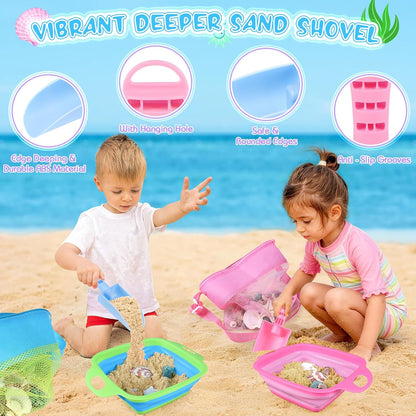 Beachcombing Kit, 2 Collapsible Sand Sifters for Kids Ages 3-12 | 2 Beach Shovel, 2 Mesh Beach Bags, Shark Tooth Sifter and Shell Collecting for Sandbox, Backyard, Summer Trip, Beach Games