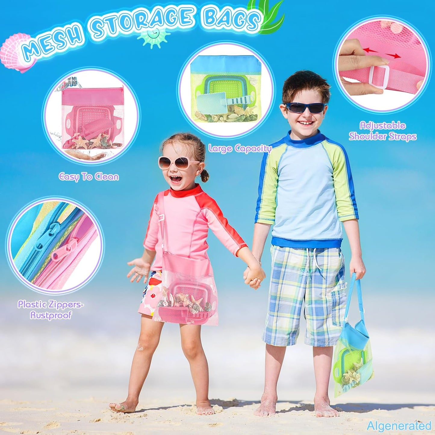 Beachcombing Kit, 2 Collapsible Sand Sifters for Kids Ages 3-12 | 2 Beach Shovel, 2 Mesh Beach Bags, Shark Tooth Sifter and Shell Collecting for Sandbox, Backyard, Summer Trip, Beach Games