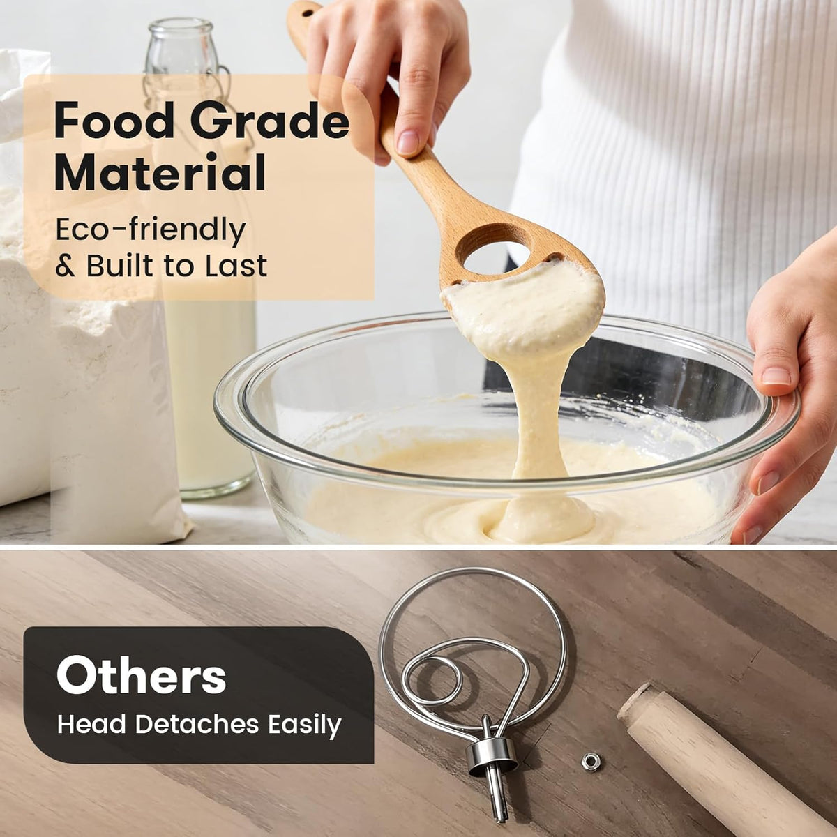 Wooden Danish Dough Whisk for Sourdough, One-Piece 2 Pack | 12.6-Inch Long Handle, Handcrafted From Natural Wood, Flow-Through Design Mixes Batter Evenly, Sturdy One-Piece Build