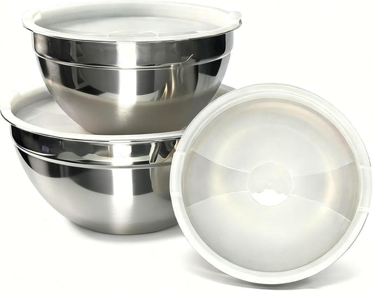 Stainless Steel Mixing Bowls With Lid, Metal Nesting Mixing Bowl Set Of 3 | Prep Bowls For Food Prep, Cooking, Baking, Serving, Storage, Dishwasher Safe, Metal Bowls with Lids for 1.5/3/5 Qt, Silver